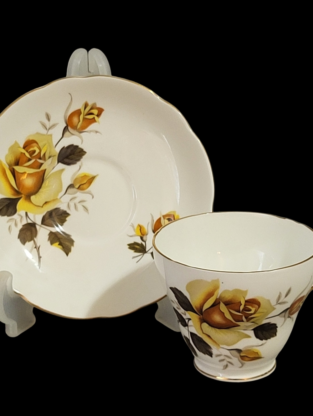 Vintage Regency English Bone China Teacup & Saucer Yellow Rose Gold Trim England